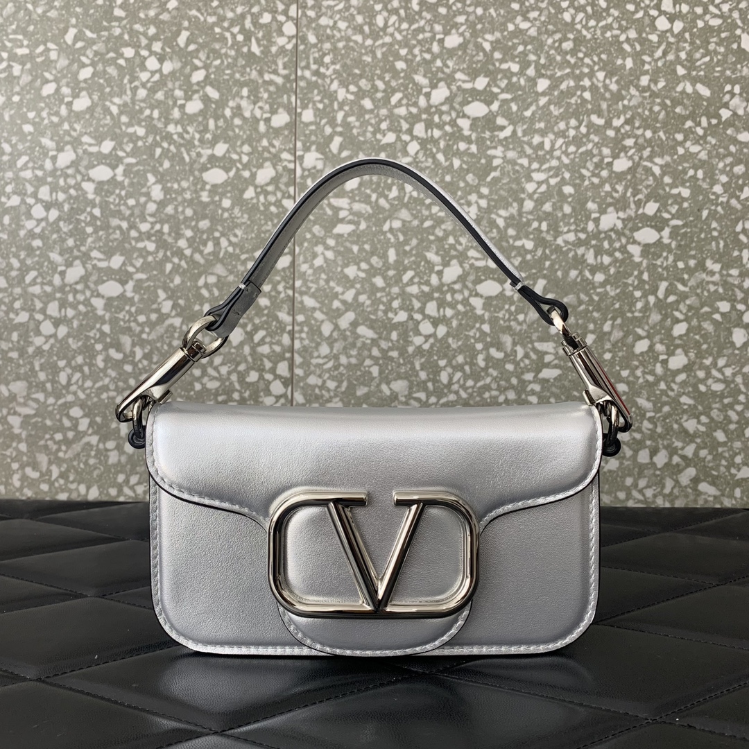 Valentino Garavani Loco Small Shoulder Bag in Silver Calfskin Leather